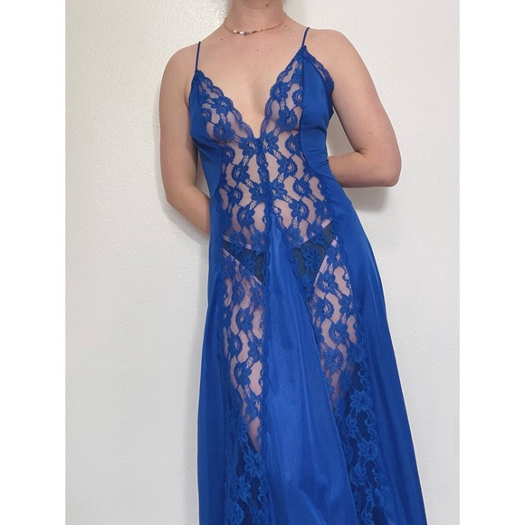 Vae Mode | Vintage 80s Cobalt Blue Lace Front Long Slip Dress Lingerie Nightgown - Picture 2 of 14